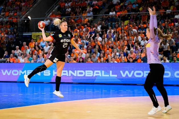 Eindhoven handball women national match Netherlands Germany from left Antje Döll Doell Germany , goalkeeper Yara Ten Holte Netherlands Eindhoven Netherlands