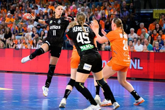 Eindhoven handball women national match Netherlands Germany v li Xenia Smits Germany , Jolina Huhnstock Germany , Romee Maarschalkeweerd Netherlands Eindhoven Netherlands