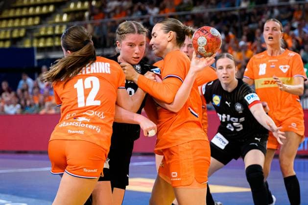 Eindhoven handball womens national match Netherlands Germany v left in duel Bo van Wetering Netherlands , Nina Engel Germany Eindhoven Netherlands