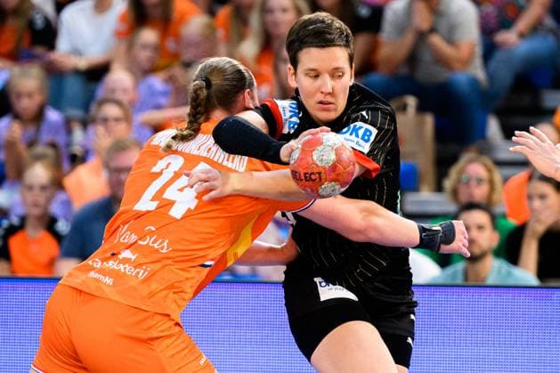 Eindhoven handball womens national match Netherlands Germany v left in duel Romee Maarschalkeweerd Netherlands and Alina Grijseels Germany Eindhoven Netherlands