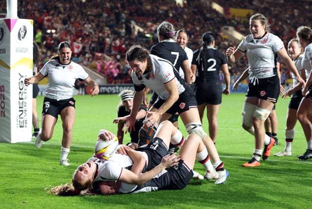 Florence Symonds of Canada celebrates scoring their sides fifth try New Zealand v Canada, Women s Rugby World Cup, Semi Final, Rugby Union, Ashton Gate, Bristol, UK - 19 Sep 2025Bristol Ashton Gate United Kingdom EDITORIAL USE ONLY No use with unauthorised audio, video, data, fixture lists, club league logos or live services. Online in-match use limited to 120 images, no video emulation. No use in betting, games or single club league player publications. Copyright: xKieranxMcManus Shutterstockx 15486947ag