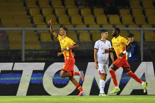 Lecce™s central defender Tiago Gabriel (44 US Lecce) celebrates after scoring the team s first goal during the Serie A Enilive soccer matchday 4 between US Lecce and Cagliari Calcio at the Via del Mare Stadium in Lecce, Italy, Friday, September 19, 2025. (Credit Image: Giovanni Evangelista LaPresse)  Copyright: xGiovannixEvangelista LaPressex