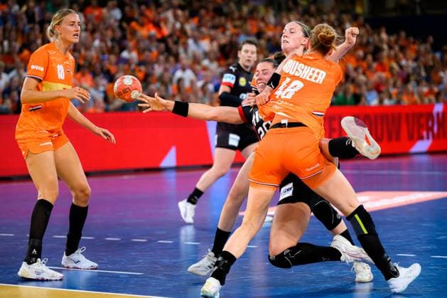 Eindhoven handball womens national match Netherlands Germany v left in duel Emily Vogel Germany and Dione Housheer Netherlands Eindhoven Netherlands
