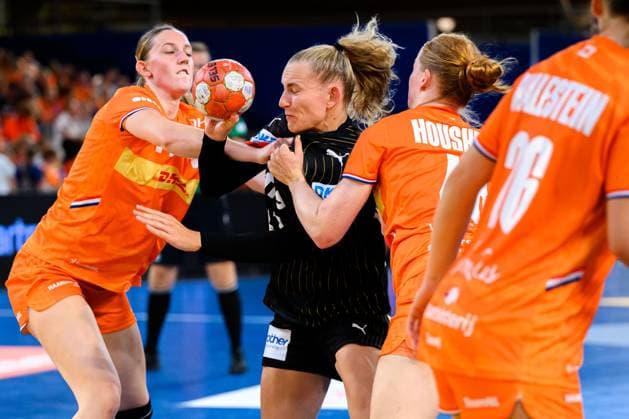 Eindhoven handball womens national match Netherlands Germany v left in duel Annika Lott Germany and Dione Housheer Netherlands Eindhoven Netherlands