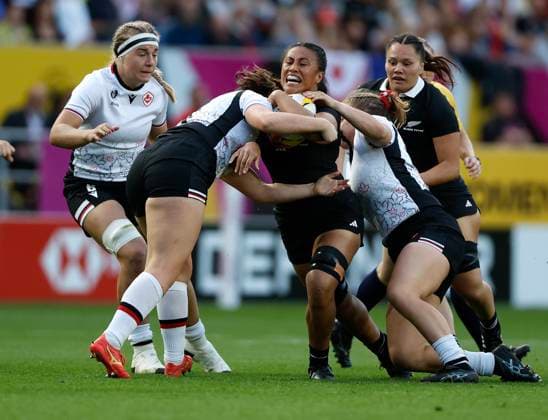 Liana Mikaele-Tu u of New Zealand is tackled. New Zealand Black Ferns v Canada, Women’s Rugby World Cup Semi Final match at Ashton Gate Stadium, Bristol, England on Friday 19 September 2025. Photo credit: Matthew Impey Bristol United Kingdom Copyright: xx