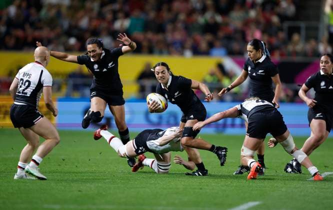 Stacey Waaka of New Zealand is tackled by Laetitia Royer of Canada. New Zealand Black Ferns v Canada, Women’s Rugby World Cup Semi Final match at Ashton Gate Stadium, Bristol, England on Friday 19 September 2025. Photo credit: Matthew Impey Bristol United Kingdom Copyright: xx