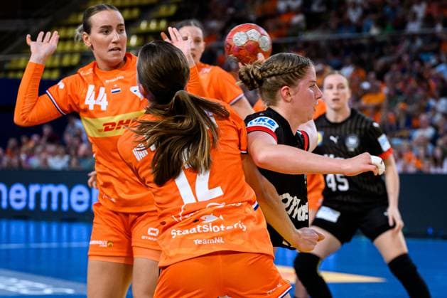 Eindhoven handball womens national match Netherlands Germany v left in duel Bo van Wetering Netherlands , Nina Engel Germany Eindhoven Netherlands