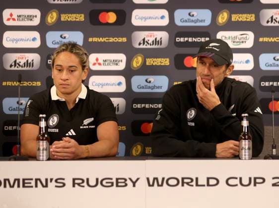 Kennedy Tukuafu (left) and New Zealand coach Allan Bunting face the media after the game. New Zealand Black Ferns v Canada, Women’s Rugby World Cup Semi Final match at Ashton Gate Stadium, Bristol, England on Friday 19 September 2025. Photo credit: Matthew Impey Bristol United Kingdom Copyright: xx