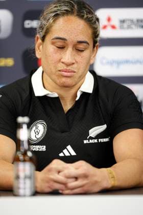 Kennedy Tukuafu of New Zealand faces the media after the game. New Zealand Black Ferns v Canada, Women’s Rugby World Cup Semi Final match at Ashton Gate Stadium, Bristol, England on Friday 19 September 2025. Photo credit: Matthew Impey Bristol United Kingdom Copyright: xx