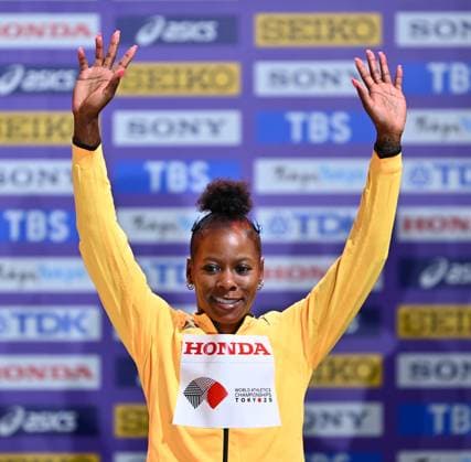 World Athletics Championships Tokyo 2025, Day 8 TOKYO, JAPAN - SEPTEMBER 20: Bronze medalist Shericka Jackson of Team Jamaica attends on the podium during the Women s 200 Metres medal ceremony on day eight of the World Athletics Championships Tokyo 2025 at National Stadium in Tokyo, Japan on September 20, 2025. Mustafa Yalcin Anadolu Tokyo Japan. Editorial use only. Please get in touch for any other usage.  Copyright: x2025xAnadoluxMustafaxYalcinx