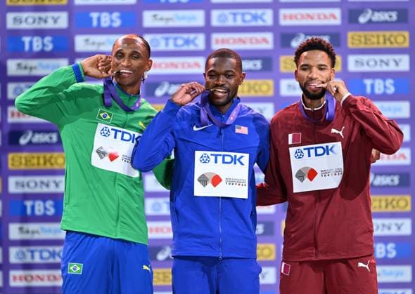 World Athletics Championships Tokyo 2025, Day 8 TOKYO, JAPAN - SEPTEMBER 20: (L to R) Silver medalist Alison Dos Santos of Team Brazil, gold medalist Rai Benjamin of Team United States and bronze medalist Abderrahman Samba of Team Qatar attend on the podium during the Men s 400 Metres Hurdles medal ceremony on day eight of the World Athletics Championships Tokyo 2025 at National Stadium in Tokyo, Japan on September 20, 2025. Mustafa Yalcin Anadolu Tokyo Japan. Editorial use only. Please get in touch for any other usage.  Copyright: x2025xAnadoluxMustafaxYalcinx