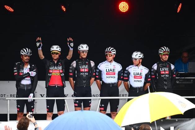 Super 8 Classic 2025 Cycling Race HAACHT, BELGIUM - SEPTEMBER 20 : riders from UAE during the 27th edition of Super 8 Classic an UCI ProSeries 1.Pro one day cycling road race for Men Elite of 198.9 km with start in Brakel and finish in Haacht on September 20, 2025 in Haacht, Belgium, 20 09 2025 ( Motordriver Rodrique Verfaillie - Haacht Belgium  Copyright: xGvgx