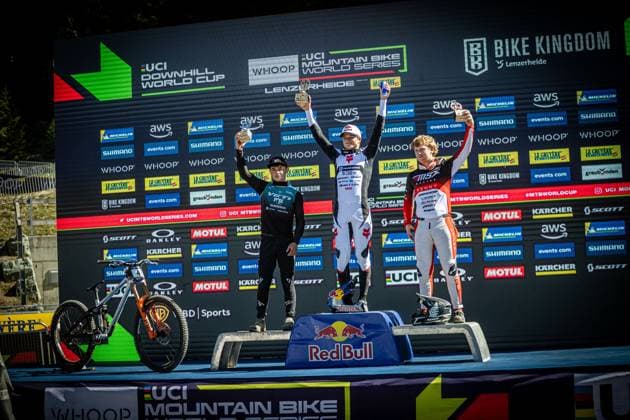 Whoop UCI Mountainbikeworldcup Downhill Lenzerheide Podium Junior Men PIERRON Amaury COMMENCAL MUC OFF BY RIDING ADDICTIONat Whoop UCI Mountainbikeworldcup Downhill Lenzerheide, 20 09 2025,in Lenzerheide,SUI Photo Sebastian Sternemannat Whoop UCI Mountainbikeworldcup Downhill Lenzerheide, 20 09 2025,in Lenzerheide,SUI Photo Sebastian Sternemann