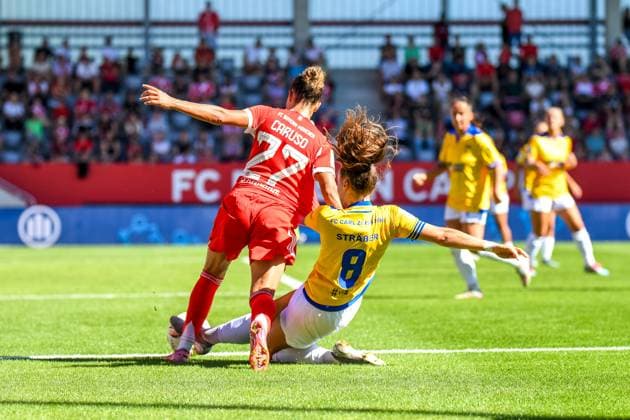 Arianna Caruso 27 Bayern and Felicia Sträßer 8 Jena in action at the Google Pixel Womens Bundesliga match FC Bayern Munich FC Carl Zeiss Jena on 20 09 2025 Munich FC Bayern Campus Bayern Germany