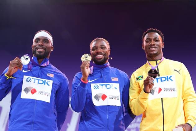 (L-R) Kenneth BEDNAREK (USA), Noah LYLES (USA), Bryan LEVELL (JAM), SEPTEMBER 20, 2025 - Athletics : World Athletics Championships Tokyo 2025 Men s 200m Medal Ceremony at National Stadium in Tokyo, Japan.  aflo_304136989
