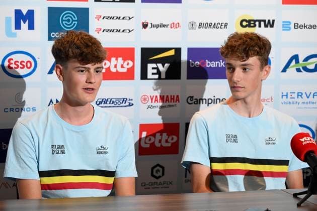 UCI 2025 Road World Championship, WM, Weltmeisterschaft Kigali 20 09 2025 - media activities KIGALI, RWANDA - SEPTEMBER 20 : Vanden Eynde Mats (BEL) of ACROG-Tormans, Kerckhove Seff (BEL) of Decathlon AG2R La Mondiale U19 Team and Five Laura (BEL) of Team Rytger - Carl Ras pictured during a press conference, PK, Pressekonferenz at the 92nd edition of the UCI Road World Championships on September 20, 2025 in Kigali, Rwanda, 20 09 2025 Kigali Rwanda  Copyright: xJanxDexMeuleneirx