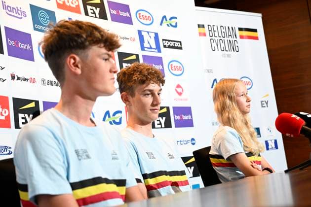 UCI 2025 Road World Championship, WM, Weltmeisterschaft Kigali 20 09 2025 - media activities KIGALI, RWANDA - SEPTEMBER 20 : Vanden Eynde Mats (BEL) of ACROG-Tormans, Kerckhove Seff (BEL) of Decathlon AG2R La Mondiale U19 Team and Five Laura (BEL) of Team Rytger - Carl Ras pictured during a press conference, PK, Pressekonferenz at the 92nd edition of the UCI Road World Championships on September 20, 2025 in Kigali, Rwanda, 20 09 2025 Kigali Rwanda  Copyright: xJanxDexMeuleneirx