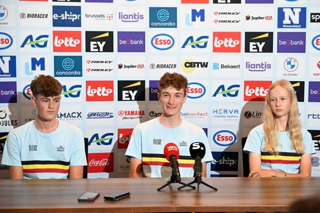 UCI 2025 Road World Championship, WM, Weltmeisterschaft Kigali 20 09 2025 - media activities KIGALI, RWANDA - SEPTEMBER 20 : Vanden Eynde Mats (BEL) of ACROG-Tormans, Kerckhove Seff (BEL) of Decathlon AG2R La Mondiale U19 Team and Five Laura (BEL) of Team Rytger - Carl Ras pictured during a press conference, PK, Pressekonferenz at the 92nd edition of the UCI Road World Championships on September 20, 2025 in Kigali, Rwanda, 20 09 2025 Kigali Rwanda  Copyright: xJanxDexMeuleneirx