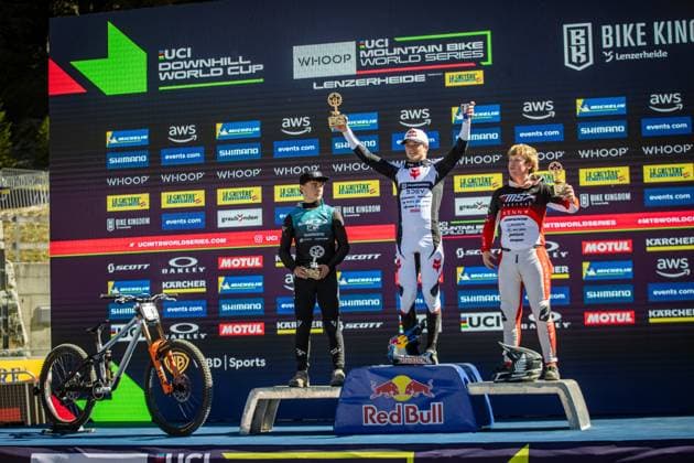 Whoop UCI Mountainbikeworldcup Downhill Lenzerheide WAITE Tyler VERMETTE Asa CLARK Oli at Whoop UCI Mountainbikeworldcup Downhill Lenzerheide, 20 09 2025,in Lenzerheide,SUI Photo Sebastian Sternemann