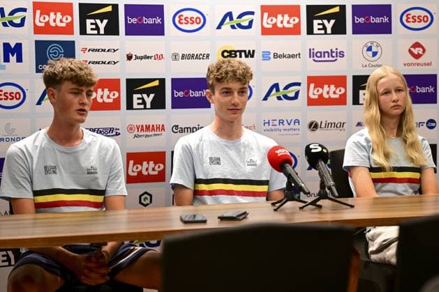 Belgian Mats Vanden Eynde, Belgian Seff Van Kerckhove and Belgian Laura Five pictured during a press conference, PK, Pressekonferenz before the cycling road World Championship, WM, Weltmeisterschaft in Kigali, Rwanda, Saturday 20 September 2025. The road world championships are taking place from 21 to 28 September. DIRKxWAEM  x134816539x