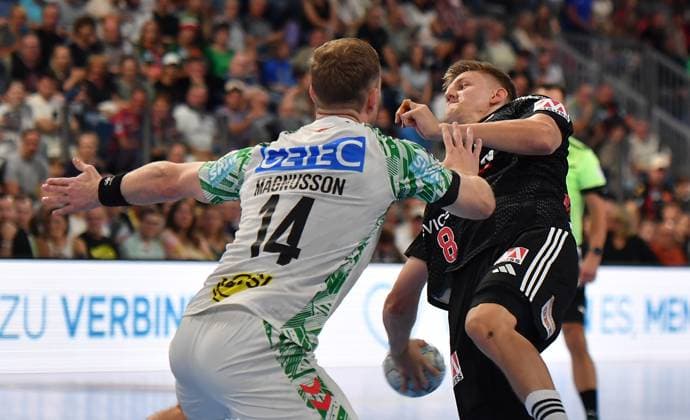 20 09 2025 Handball 1 Bundesliga DAIKIN HBL Season 2024 2025 5 Matchday HC Erlangen Metropolregion Nürnberg HCE SC Magdeburg OGo xogox Omar Ingi Magnusson 14, SC Magdeburg Sander Andreassen Overjordet 8, HC Erlangen HCE