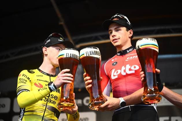 Super 8 Classic 2025 Cycling Race HAACHT, BELGIUM - SEPTEMBER 20 : De Lie Arnaud (BEL) of Lotto Cycling Team, Brennan Matthew (GBR) of Team Visma - Lease a Bike and Meens Johan (BEL) of Wagner Bazin WB during the podium ceremony of the 27th edition of Super 8 Classic an UCI ProSeries 1.Pro one day cycling road race for Men Elite of 198.9 km with start in Brakel and finish in Haacht on September 20, 2025 in Haacht, Belgium, 20 09 2025 ( Motordriver Rodrique Verfaillie - Haacht Belgium  Copyright: xGvgx