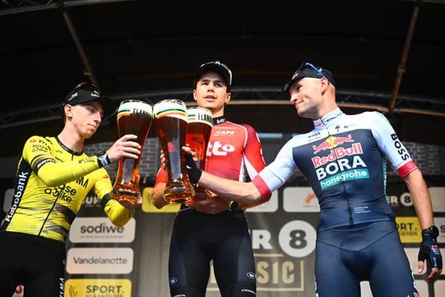 Super 8 Classic 2025 Cycling Race HAACHT, BELGIUM - SEPTEMBER 20 : De Lie Arnaud (BEL) of Lotto Cycling Team, Brennan Matthew (GBR) of Team Visma - Lease a Bike and Meens Johan (BEL) of Wagner Bazin WB during the podium ceremony of the 27th edition of Super 8 Classic an UCI ProSeries 1.Pro one day cycling road race for Men Elite of 198.9 km with start in Brakel and finish in Haacht on September 20, 2025 in Haacht, Belgium, 20 09 2025 ( Motordriver Rodrique Verfaillie - Haacht Belgium  Copyright: xGvgx