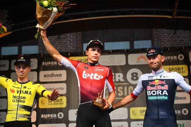 Super 8 Classic 2025 Cycling Race HAACHT, BELGIUM - SEPTEMBER 20 : De Lie Arnaud (BEL) of Lotto Cycling Team during the podium ceremony of the 27th edition of Super 8 Classic an UCI ProSeries 1.Pro one day cycling road race for Men Elite of 198.9 km with start in Brakel and finish in Haacht on September 20, 2025 in Haacht, Belgium, 20 09 2025 ( Motordriver Rodrique Verfaillie - Haacht Belgium  Copyright: xGvgx