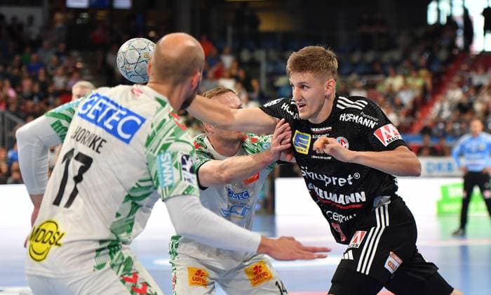 20 09 2025 Handball 1 Bundesliga DAIKIN HBL Season 2024 2025 5 Matchday HC Erlangen Metropolregion Nürnberg HCE SC Magdeburg OGo xogox Tim Hornke 17, SC Magdeburg Omar Ingi Magnusson 14, SC Magdeburg Sander Andreassen Overjordet 8, HC Erlangen HCE