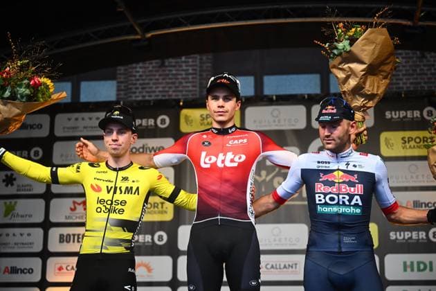 Super 8 Classic 2025 Cycling Race HAACHT, BELGIUM - SEPTEMBER 20 : De Lie Arnaud (BEL) of Lotto Cycling Team, Brennan Matthew (GBR) of Team Visma - Lease a Bike and Meens Johan (BEL) of Wagner Bazin WB during the podium ceremony of the 27th edition of Super 8 Classic an UCI ProSeries 1.Pro one day cycling road race for Men Elite of 198.9 km with start in Brakel and finish in Haacht on September 20, 2025 in Haacht, Belgium, 20 09 2025 ( Motordriver Rodrique Verfaillie - Haacht Belgium  Copyright: xGvgx