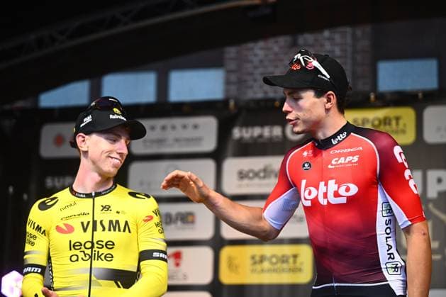 Super 8 Classic 2025 Cycling Race HAACHT, BELGIUM - SEPTEMBER 20 : De Lie Arnaud (BEL) of Lotto Cycling Team, and Meens Johan (BEL) of Wagner Bazin WB during the podium ceremony of the 27th edition of Super 8 Classic an UCI ProSeries 1.Pro one day cycling road race for Men Elite of 198.9 km with start in Brakel and finish in Haacht on September 20, 2025 in Haacht, Belgium, 20 09 2025 ( Motordriver Rodrique Verfaillie - Haacht Belgium  Copyright: xGvgx
