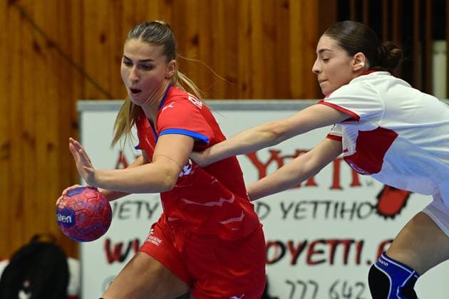 Woman handball tournament O stit mesta Chebu Czech Republic vs Turkey in Cheb, Czech Republic, September 20, 2025. From left Czech Klara Kubalkova, Seval Bozova of Turkey. (CTKxPhoto SlavomirxKubes) CTKPhotoP2025092006541  CTKPhotoP2025092006541
