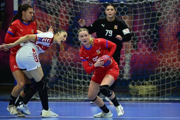 Woman handball tournament O stit mesta Chebu Czech Republic vs Turkey in Cheb, Czech Republic, September 20, 2025. From left Czech Veronika Holeckova, Cansu Akalin of Turkey, Charlotte Cholevova, Sabrina Novotna, both of Czech Republic. (CTKxPhoto SlavomirxKubes) CTKPhotoP2025092006546  CTKPhotoP2025092006546