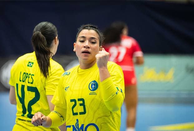 HANDBALL - AUT vs BRA, test match TULLN,AUSTRIA,20.SEP.25 - HANDBALL - OEHB international test match, Austria vs Brazil. Image shows the rejoicing of Giulia Guarieiro (BRA).  GEPAxpictures xKevinxHackner