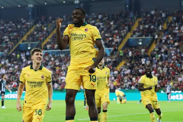 AC Milan s Youssouf Fofana celebrates after scoring the 2-0 goal for his team during the Serie A soccer match between Udinese and Milan at the Bluenergy Stadium in Udine, north east Italy - Saturday, September 20,2026 - soccer  Copyright: xAndreaxBressanutti LaPressex