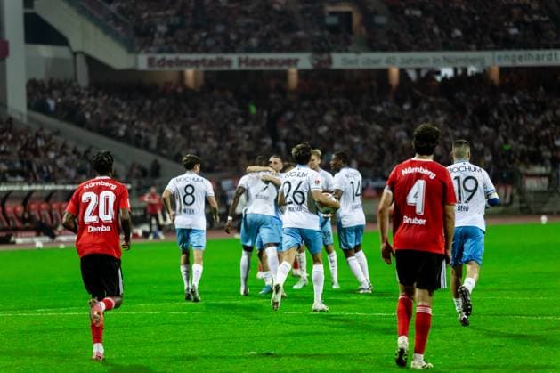 Football, Season 2025 2026, 2 Bundesliga, Max Morlock Stadion, Matchday 6, 1 FC Nuremberg VfL Bochum, 20 09 2025 20 09 2025, Football, Season 2025 2026, 2 Bundesliga, Max Morlock Stadion, Matchday 6, 1 FC Nuremberg VfL Bochum, Goal celebrations after goal Goal shot for 1 1 by 9 Ibrahim Sissoko VfL Bochum 26 Romario Rösch VfL Bochum Photo Lucca Fundel Nuremberg Max Morlock Stadion Bayern Germany