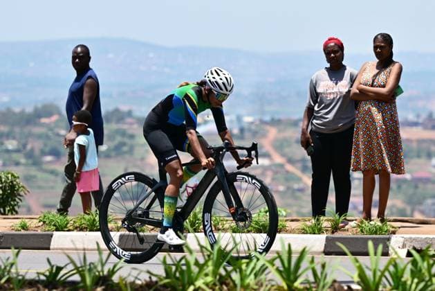 Tanzanian Jamila Abdullah pictured in action during the Women Elite Individual Time Trial race (31,2km) at the road world championships, in Kigali, Rwanda, Sunday 21 September 2025. The 2025 UCI Road World Championships take place from 21 to 28 September in Kigali, Rwanda. DIRKxWAEM  x134882630x