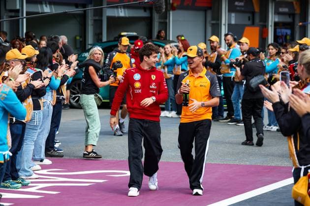 F1 - AZERBAIJAN GRAND PRIX 2025 LECLERC Charles (mco), Scuderia Ferrari SF-25, NORRIS Lando (gbr), McLaren F1 Team MCL39, portrait during the 2025 Formula 1 Qatar Airways Azerbaijan Grand Prix, 17th round of the 2025 FIA Formula One World Championship, WM, Weltmeisterschaft from September 19 to 21, 2025 on the Baku City Circuit, in Baku, Azerbaijan - BakuAzerbaijan Copyright: xFLORENTxGOODENx