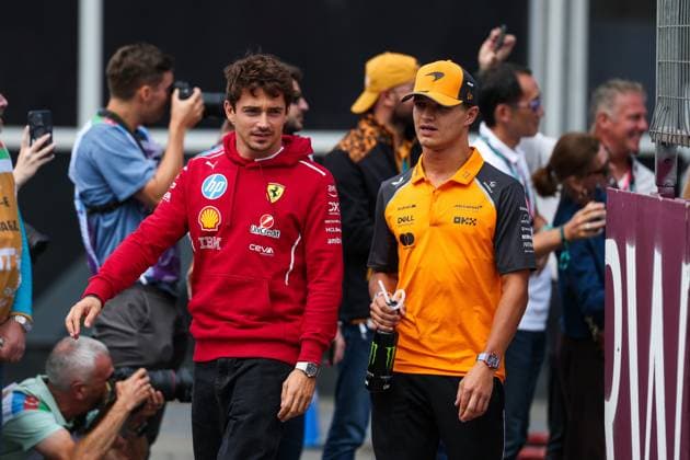 F1 - AZERBAIJAN GRAND PRIX 2025 LECLERC Charles (mco), Scuderia Ferrari SF-25, NORRIS Lando (gbr), McLaren F1 Team MCL39, portrait during the 2025 Formula 1 Qatar Airways Azerbaijan Grand Prix, 17th round of the 2025 FIA Formula One World Championship, WM, Weltmeisterschaft from September 19 to 21, 2025 on the Baku City Circuit, in Baku, Azerbaijan - BakuAzerbaijan Copyright: xANTONINxVINCENTx