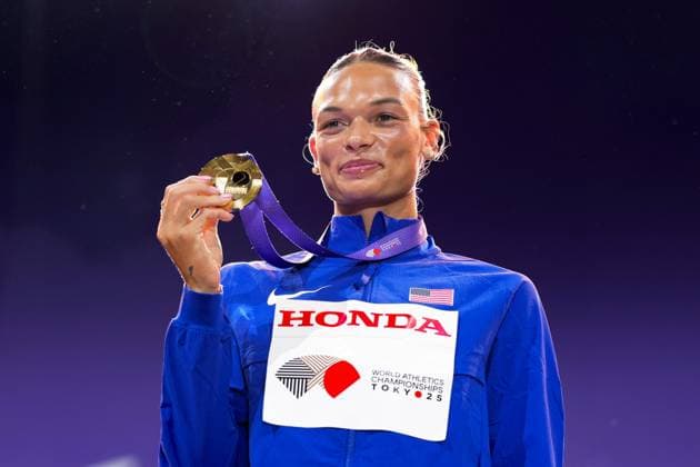 World Athletics Championships Tokyo 2025 Anna Hall of the United States poses with her gold medal during the medal ceremony for the women s heptathlon at the World Athletics Championships at National Stadium in Tokyo on Sept. 21, 2025.  A14AA0004868036P