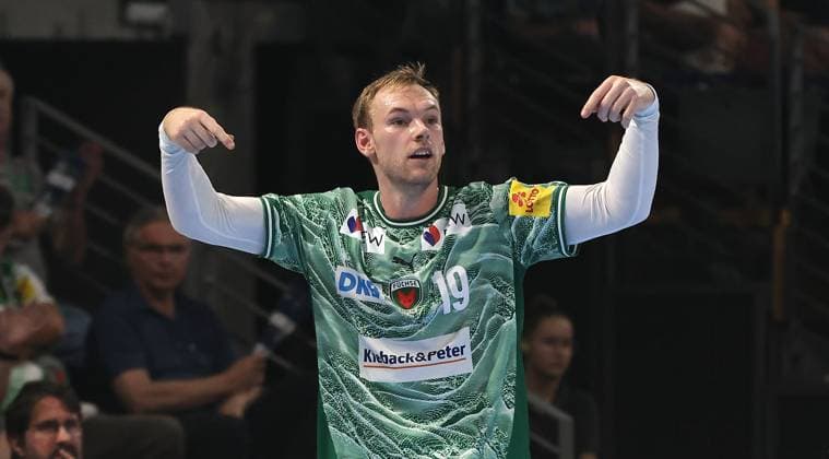 Mathias Gidsel shows off his upper body action Sport Handball HBL Bundesliga Men 5 Matchday Season 2025 2026 21 09 2025 Füchse Berlin vs MT Melsungen
