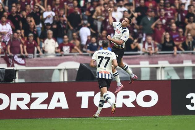 Atalanta s Nikola Krstovic celebrates after scoring a goal during the Serie A soccer match between Torino and Atalanta at the Stadio Olimpico Grande Torino in Turin, north west Italy - Sunday, September 21, 2025. - Soccer.  Copyright: xAlbertoxGandolfo LaPressex