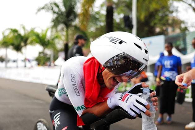 2025 UCI Road World Championships Picture by Alex Whitehead SWpix.com - 21 09 2025 - Cycling - 2025 UCI Road World Championships - BK Arena to Kigali Convention Centre, Kigali, Rwanda - Men Elite Individual Time Trial (ITT) - Isaac del Toro Romero (Mexico) after the finish Copyright: x xSWpix.comx(t axPhotographyxHubxLtd)xAlexxWhitehead SWpix.comx SWP-3030-5314