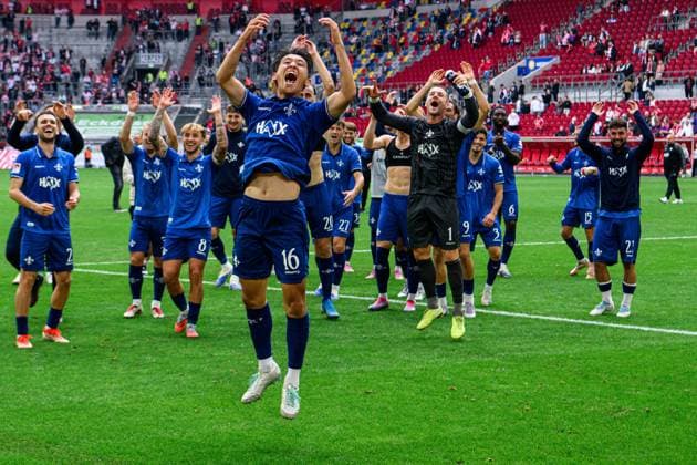 DUSSELDORF, GERMANY - 21 SEPTEMBER, 2025: Hiroki Akiyama, Players celebrations - Football match Bundesliga 2 Fortuna Düsseldorf - SV Darmstadt 98 at Merkur Spiel Arena.  Copyright: xVITALIIxKLIUIEVx