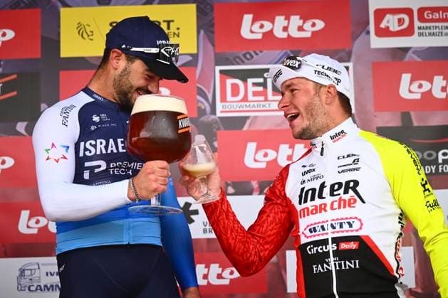 Gooikse Pijl 2025 Cycling Race GOOIK, BELGIUM - SEPTEMBER 21 : Kogut Oded of Israel - Premier Tech and Thijssen Gerben of Intermarche - Wanty pictured during the podium ceremony of the 22th edition of Gooikse Pijl an UCI Class 1.1 one day cycling road race for Men Elite of 195.8 km with start in Roosdaal and finish in Gooik on September 21, 2025 in Gooik, Belgium, 21 09 2025 ( Motordriver Rodrique Verfaillie - Gooik Belgium  Copyright: xGvgx