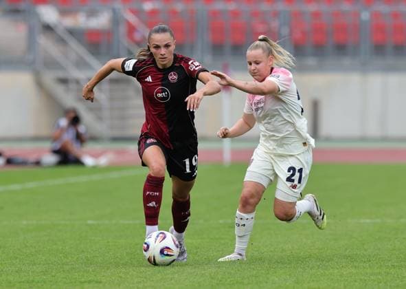 21 09 2025 Soccer Season 2025 2026 1 Google Pixel Women Bundesliga 03 Matchday 1 FC Nürnberg FCN Club Clubfrauen Bayer 04 Leverkusen Sportfoto Zink DaMa xdaxma Sanja Homann 19, 1 FC Nürnberg FCN Vanessa Fudalla 21, Bayer 04 Leverkusen