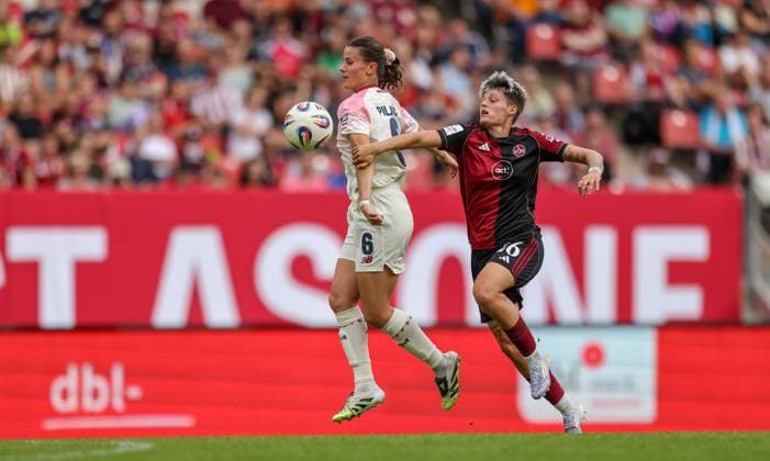 DEU, Nürnberg, FC Nürnberg vs Bayer Leverkusen, Google Pixel Bundesliga, DFB, Saison 2526, Max Morlock Stadion, 3 Spieltag, im Bild f l n r im Bild Larissa Rusek Nürnberg 21 DFB DFL REGULATIONS PROHIBIT ANY USE OF PHOTOGRAPHS AS IMAGE SEQUENCES AND OR QUASI VIDEO, 21 09 2025, Copyright: HMBxMedia HendrikxHamelau