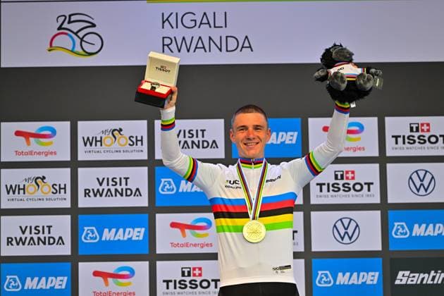 EVENEPOEL Remco World Champion Men Elite ITT Road World Championships 2025 Rwanda Remco EVENEPOEL Belgium wins Individual Time Trial Men Elite Road World Championships Cycling 2025 ahead of VINE Jay Australia and VAN WILDER Ilan Belgium Road World Championships 2025 UCI Cycling World Championships 40.6 km Kigali, Rwanda, World Championships WE ITT WC 21 09 2025