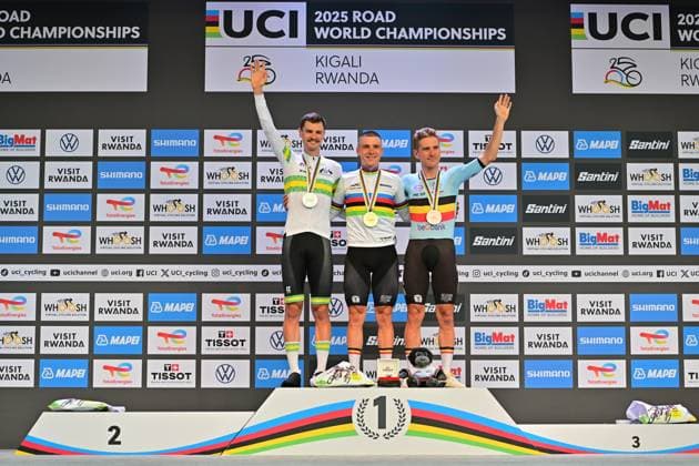 EVENEPOEL Remco ,VINE Jay, VAN WILDER Ilan ITT UCI Road World Championships 2025 Remco EVENEPOEL Belgium wins Individual Time Trial Men Elite Road World Championships Cycling 2025 ahead of VINE Jay Australia and VAN WILDER Ilan Belgium Road World Championships 2025 UCI Cycling World Championships 40,6 km Kigali, Rwanda, World Championships WE ITT WC 21 09 2025