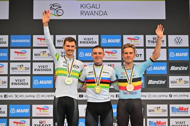EVENEPOEL Remco ,VINE Jay, VAN WILDER Ilan ITT UCI Road World Championships 2025 Remco EVENEPOEL Belgium wins Individual Time Trial Men Elite Road World Championships Cycling 2025 ahead of VINE Jay Australia and VAN WILDER Ilan Belgium Road World Championships 2025 UCI Cycling World Championships 40,6 km Kigali, Rwanda, World Championships WE ITT WC 21 09 2025